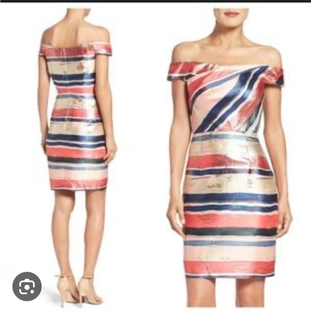 Adrianna Papell Gold leaf off shoulder dress NEW